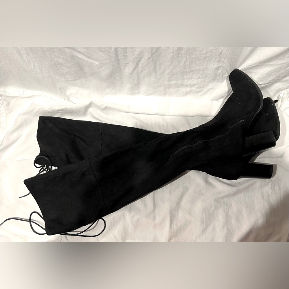 Black above knee heeled boots